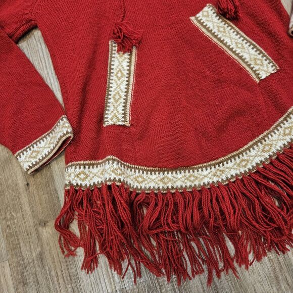 Onofre Saez Alpaca Sweater Womens S Red Hooded Fringe Western Boho Cottage - Picture 3 of 8